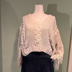 Hooked Up by IOT Cream Fringe V-Neck cropped  Sweater generous med